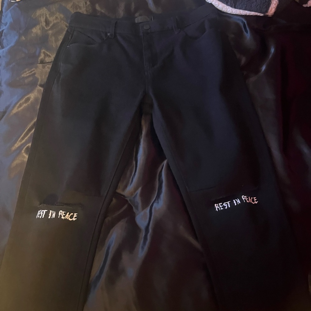 Black Pants with 'Rest in Peace' Embroidery